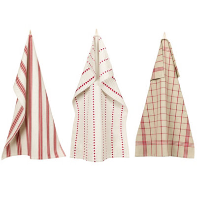 Set of 3 Assorted Red & Cream Cotton Cleaning Tea Towels