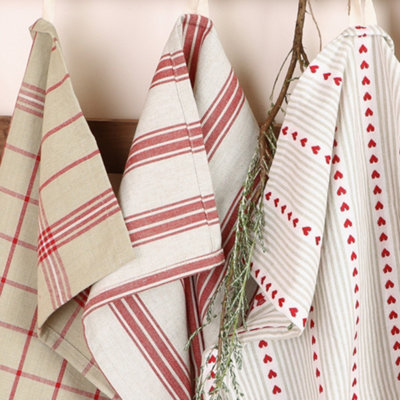 Set of 3 Assorted Red & Cream Cotton Cleaning Tea Towels