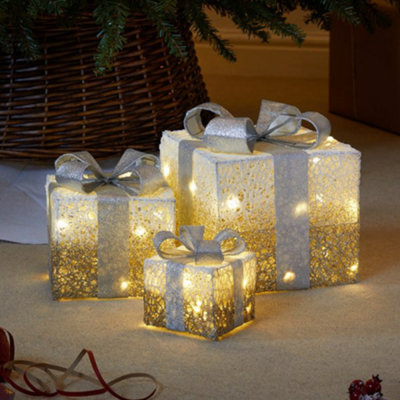 Set of 3 Battery Operated Gold Sparkly Christmas Gift Boxes with LEDs