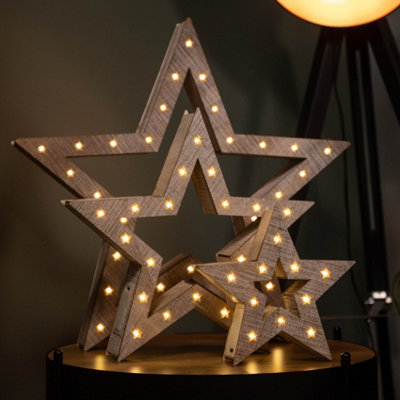 Set of 3 Battery Operated Light up Wooden Christmas Stars with Warm ...