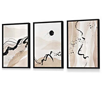 Set of 3 Beige Black Abstract Mountain Contours Wall Art Prints / 30x42cm (A3) / Black Frame