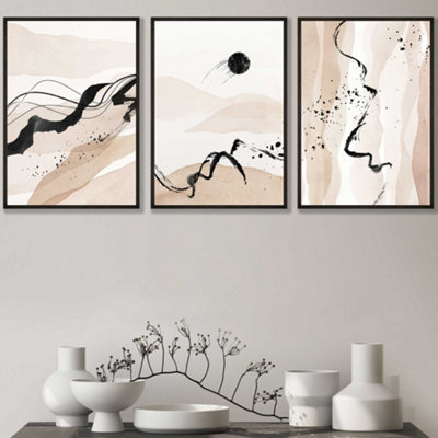 Set of 3 Beige Black Abstract Mountain Contours Wall Art Prints / 30x42cm (A3) / Black Frame