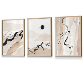 Set of 3 Beige Black Abstract Mountain Contours Wall Art Prints / 30x42cm (A3) / Oak Frame