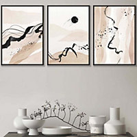 Set of 3 Beige Black Abstract Mountain Contours Wall Art Prints / 42x59cm (A2) / Black Frame