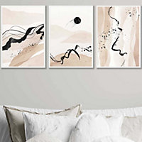 Set of 3 Beige Black Abstract Mountain Contours Wall Art Prints / 42x59cm (A2) / White Frame