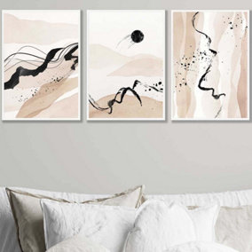 Set of 3 Beige Black Abstract Mountain Contours Wall Art Prints / 42x59cm (A2) / White Frame