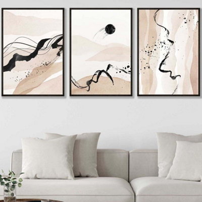 Set of 3 Beige Black Abstract Mountain Contours Wall Art Prints / 50x70cm / Black Frame