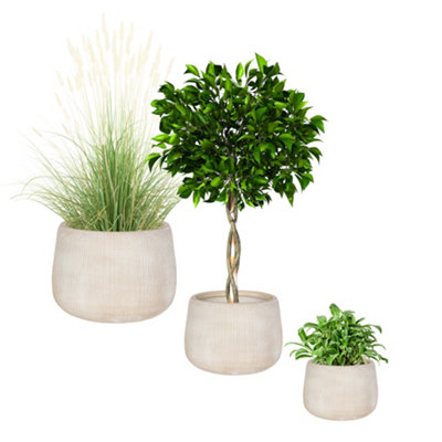 Set of 3 Beige Symmetry Stripe Beige Fibre Clay Indoor Outdoor Flower Plant Pot Houseplant Garden Planters