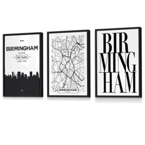 Set of 3 BIRMINGHAM Skyline Street Map City Prints Wall Art Prints / 30x42cm (A3) / Black Frame