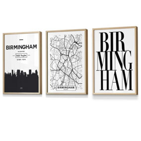Set of 3 BIRMINGHAM Skyline Street Map City Prints Wall Art Prints / 30x42cm (A3) / Oak Frame