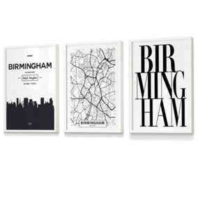 Set of 3 BIRMINGHAM Skyline Street Map City Prints Wall Art Prints / 30x42cm (A3) / White Frame