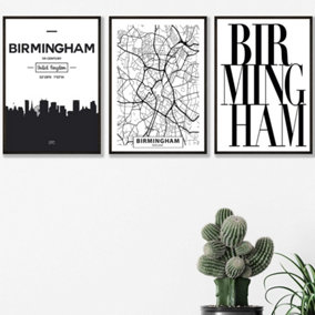 Set of 3 BIRMINGHAM Skyline Street Map City Prints Wall Art Prints / 42x59cm (A2) / Black Frame