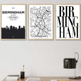 Set of 3 BIRMINGHAM Skyline Street Map City Prints Wall Art Prints / 42x59cm (A2) / Oak Frame