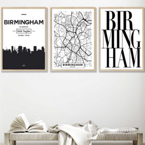 Set of 3 BIRMINGHAM Skyline Street Map City Prints Wall Art Prints / 50x70cm / Oak Frame
