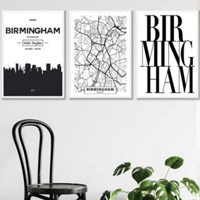 Set of 3 BIRMINGHAM Skyline Street Map City Prints Wall Art Prints / 50x70cm / White Frame