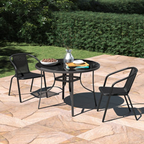 Set of 3 Black 2 Seater Garden Dining Set Patio Round Coffee Table and Stackable Chairs Set Outdoor 105cm