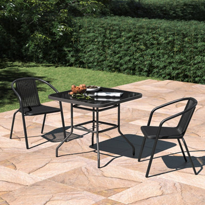 Set of 3 Black 2 Seater Garden Dining Set Patio Square Coffee Table and Stackable Chairs Set Outdoor with Umbrella Hole