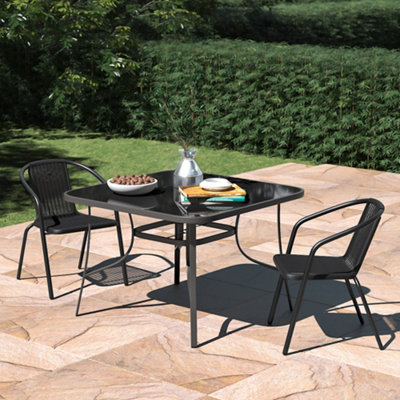 Set of 3 Black 2 Seater Garden Furniture Set Patio Glass Square Umbrella Table and Stackable Chairs Set 105 cm