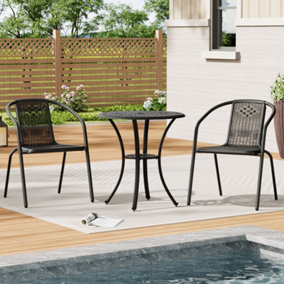 Set of 3 Black 60cm Cast Aluminum Round Garden Furniture Set Coffee Table and Stackable Chairs