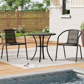 Set of 3 Black 65cm Cast Aluminum Round Garden Furniture Set Coffee Table and Stackable Chairs