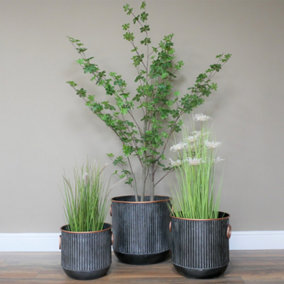 Set of 3 Black and Copper Ribbed Flower Plant Pots Outdoor Garden Planters