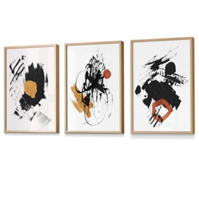 Set of 3 Black and Yellow Prints of Abstract Oil Paintings Wall Art Prints / 42x59cm (A2) / Oak Frame