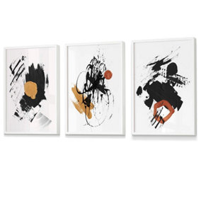 Set of 3 Black and Yellow Prints of Abstract Oil Paintings Wall Art Prints / 42x59cm (A2) / White Frame