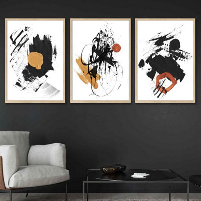 Set of 3 Black and Yellow Prints of Abstract Oil Paintings Wall Art Prints / 42x59cm (A2) / White Frame