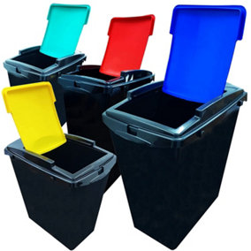 Set Of 3 Black Base 40 Litre Recycling Waste Utility Interlocking Bins With Colour Coded Lids