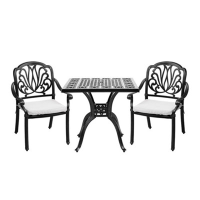 Set of 3 Black Cast Aluminum 2 Seater Outdoor Garden Dining Set Coffee Table and Chairs Set with Parasol Hole