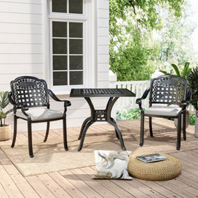 Set of 3 Black Cast Aluminum 2 Seater Outdoor Garden Dining Set Coffee Table and Chairs Set with Umbrella Hole