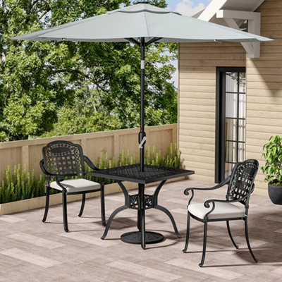 Set of 3 Black Cast Aluminum 2 Seater Outdoor Garden Dining Set Coffee Table and Chairs Set with Umbrella Hole