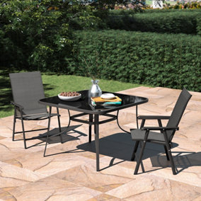 Set of 3 Black Garden Ripple Glass Square Umbrella Table and Folding Chairs Set 105 cm