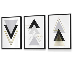 Set of 3 Black Grey Geometric Triangle Set Wall Art Prints / 30x42cm (A3) / Black Frame