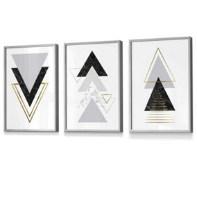 Set of 3 Black Grey Geometric Triangle Set Wall Art Prints / 30x42cm (A3) / Light Grey Frame