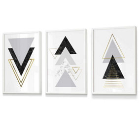 Set of 3 Black Grey Geometric Triangle Set Wall Art Prints / 30x42cm (A3) / White Frame