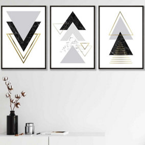 Set of 3 Black Grey Geometric Triangle Set Wall Art Prints / 42x59cm (A2) / Black Frame