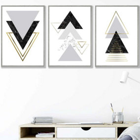 Set of 3 Black Grey Geometric Triangle Set Wall Art Prints / 42x59cm (A2) / Light Grey Frame