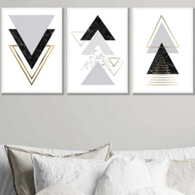 Set of 3 Black Grey Geometric Triangle Set Wall Art Prints / 42x59cm (A2) / White Frame