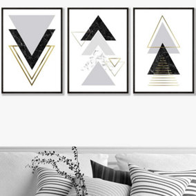 Set of 3 Black Grey Geometric Triangle Set Wall Art Prints / 50x70cm / Black Frame