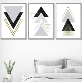 Set of 3 Black Grey Geometric Triangle Set Wall Art Prints / 50x70cm / Light Grey Frame