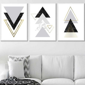Set of 3 Black Grey Geometric Triangle Set Wall Art Prints / 50x70cm / White Frame