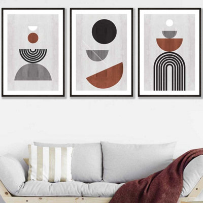 Set of 3 Black Grey Terracotta Abstract Mid Century Geometric Wall Art ...
