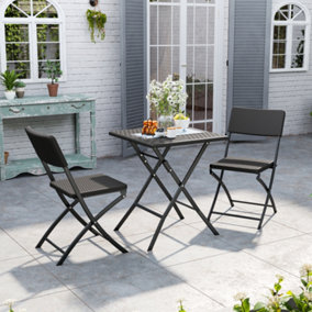 Set of 3 Black Plastic Ratten Effect Outdoor Folding Table and Chairs Set