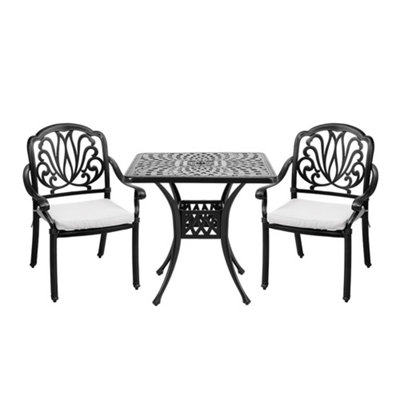 Set of 3 Black Retro Cast Aluminum Garden Dining Square Table and 2 Chairs Set with Parasol Hole