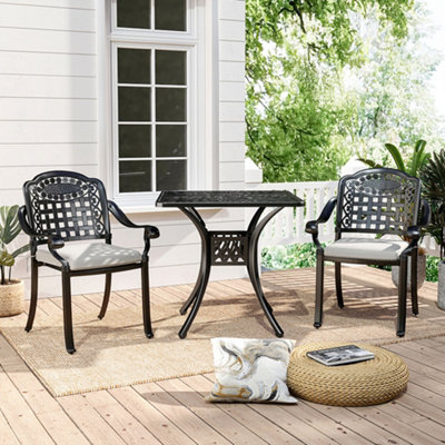 Set of 3 Black Retro Cast Aluminum Garden Dining Square Table and Chairs Set with Parasol Hole