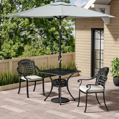 Set of 3 Black Retro Cast Aluminum Garden Dining Square Table and Chairs Set with Parasol Hole