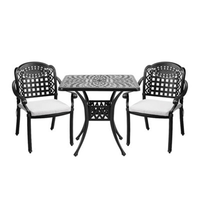 Set of 3 Black Retro Cast Aluminum Garden Dining Square Table and Chairs Set with Parasol Hole