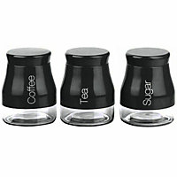 Set Of 3 Black Storage Canisters Tea Coffee Sugar Jars Pots Food Containers
