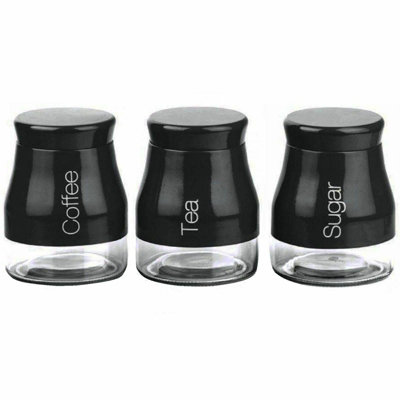 Set Of 3 Black Storage Canisters Tea Coffee Sugar Jars Pots Food